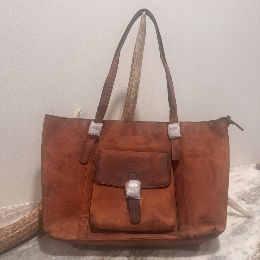 Cuero Brown Distressed Leather Tote Bag Front Pocket Shoulder Computer/messenger